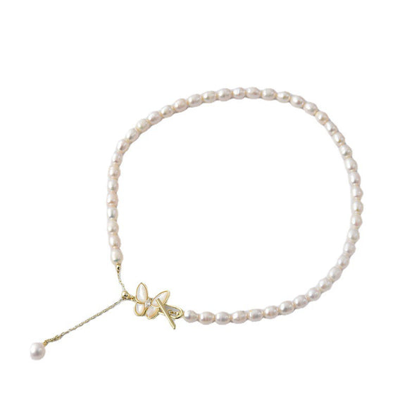 Pearl Necklace Zircon Butterfly Tshaped Buckle Tassel Handmade Natural Style