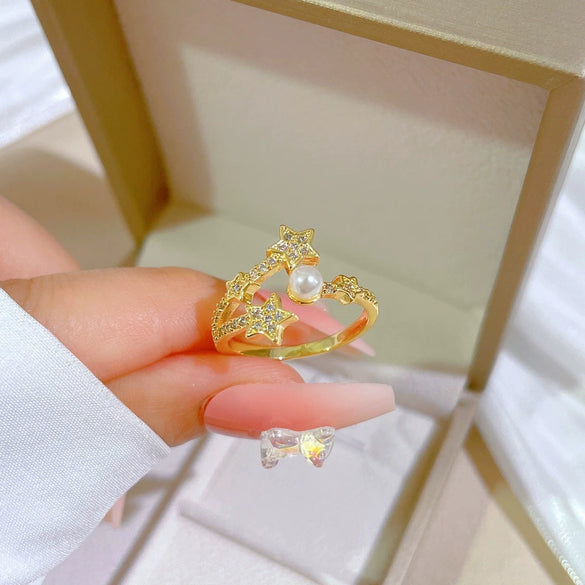 Pearl Open Star Ring Brass Material Gold Plated With Crown Design For Women