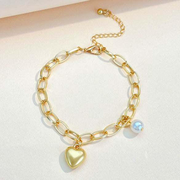 Pearl Pendant Bracelet Zinc Alloy Heart Shape Electroplated For Women