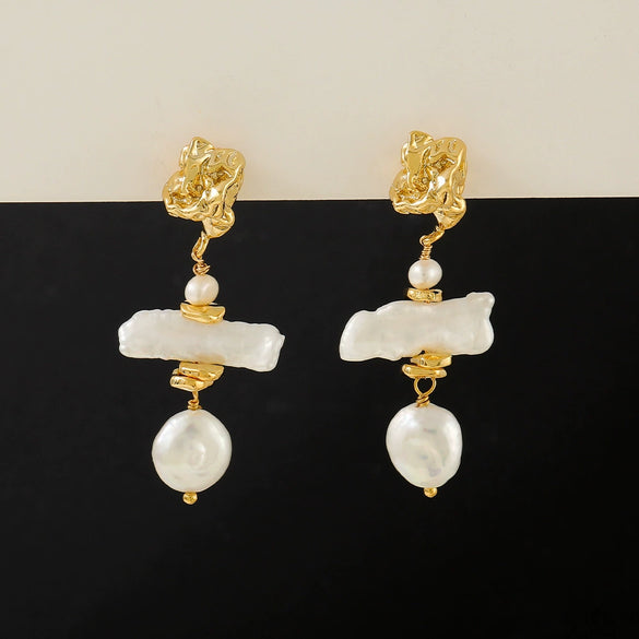 Pearl Pendant Earrings Copper Plated Gold Geometric Baroque Style For Women