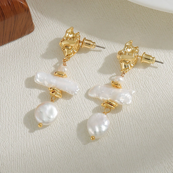 Pearl Pendant Earrings Copper Plated Gold Geometric Baroque Style For Women