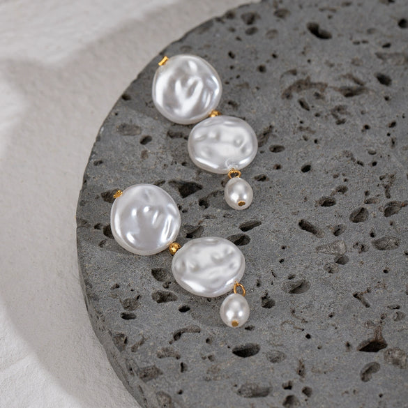 Pearl Pendant Earrings Stainless Steel Irregular Button Baroque Literary Style Electroplating For Women