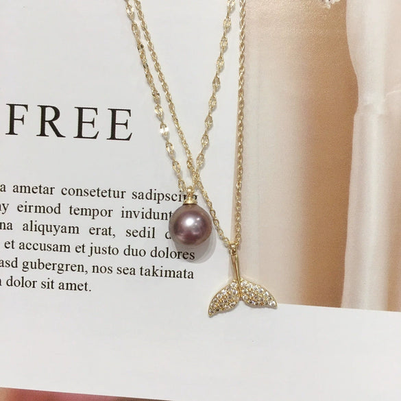 Pearl Pendant Fishtail Necklace Freshwater Pearl Copper 18K Gold Plated Purple