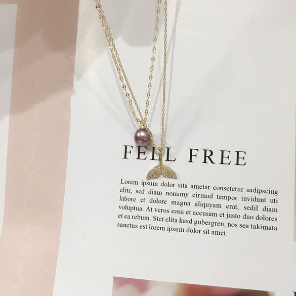 Pearl Pendant Fishtail Necklace Freshwater Pearl Copper 18K Gold Plated Purple