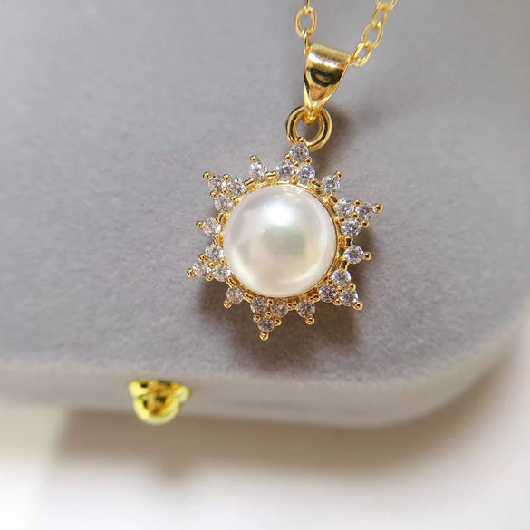 Pearl Pendant Necklace Copper Gold Plated Microinlaid Zircon Freshwater Pearl Flat Round Steamed Bread Round