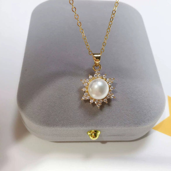 Pearl Pendant Necklace Copper Gold Plated Microinlaid Zircon Freshwater Pearl Flat Round Steamed Bread Round