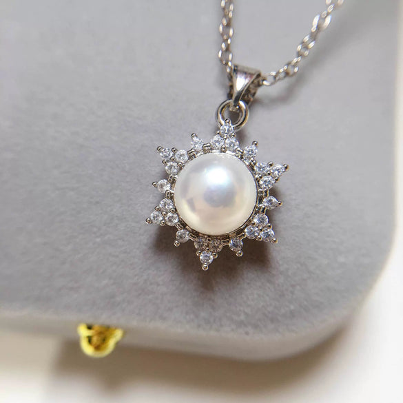 Pearl Pendant Necklace Copper Gold Plated Microinlaid Zircon Freshwater Pearl Flat Round Steamed Bread Round