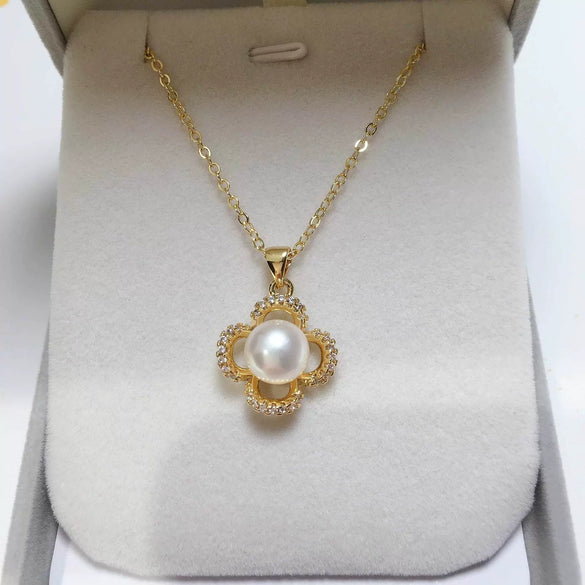 Pearl Pendant Necklace Four Leaf Clover Micro Inlaid Zircon Copper Plated Gold Jewelry