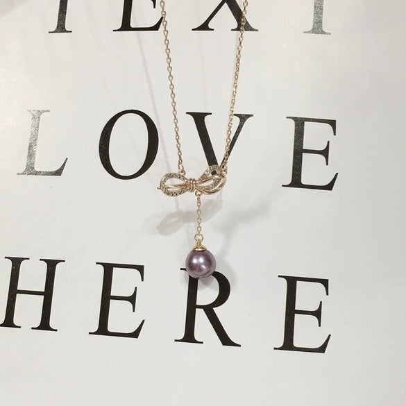 Pearl Pendant Necklace Jewelry Demon Purple Edison Freshwater Pearl Copper Accessory Perfect Circle Shape 18K Goldfilled Bow