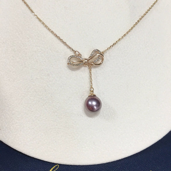 Pearl Pendant Necklace Jewelry Demon Purple Edison Freshwater Pearl Copper Accessory Perfect Circle Shape 18K Goldfilled Bow