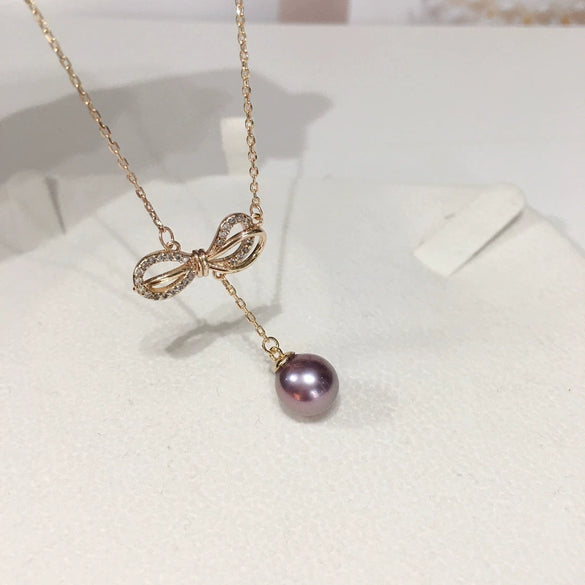 Pearl Pendant Necklace Jewelry Demon Purple Edison Freshwater Pearl Copper Accessory Perfect Circle Shape 18K Goldfilled Bow