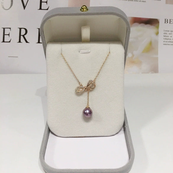 Pearl Pendant Necklace Jewelry Demon Purple Edison Freshwater Pearl Copper Accessory Perfect Circle Shape 18K Goldfilled Bow
