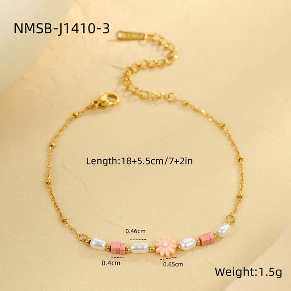 Pearl Pink Dopamine Beaded Necklace Bracelet Set Stainless Steel 18K Electroplating Geometric Style