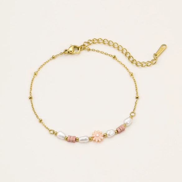 Pearl Pink Dopamine Beaded Necklace Bracelet Set Stainless Steel 18K Electroplating Geometric Style