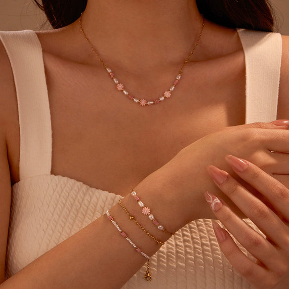 Pearl Pink Dopamine Beaded Necklace Bracelet Set Stainless Steel 18K Electroplating Geometric Style