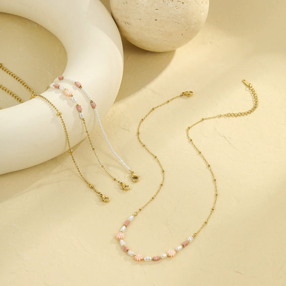 Pearl Pink Dopamine Beaded Necklace Bracelet Set Stainless Steel 18K Electroplating Geometric Style
