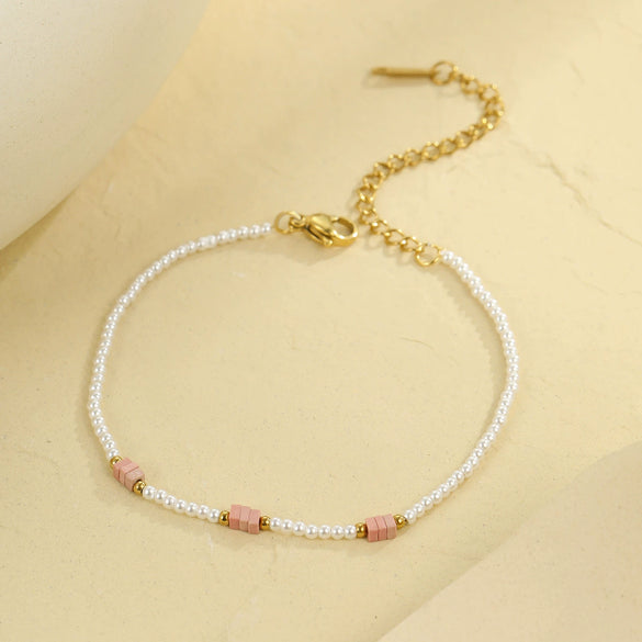 Pearl Pink Dopamine Beaded Necklace Bracelet Set Stainless Steel 18K Electroplating Geometric Style