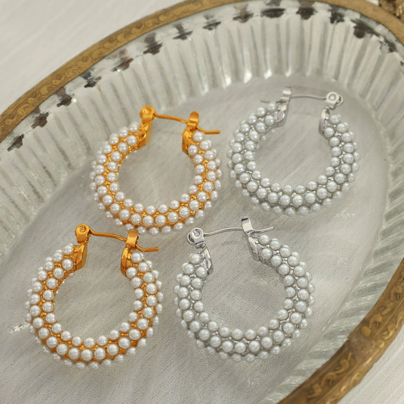 Pearl Rhinestone Geometric Fashion Stainless Steel Electroplated Earrings For Women