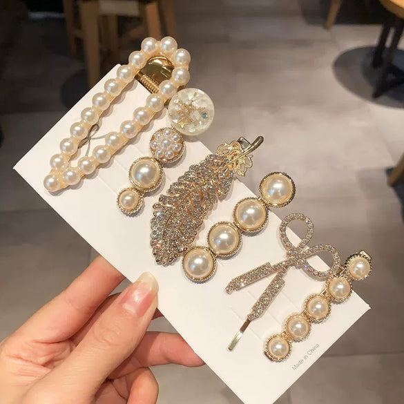 Pearl Rhinestone Hairpin Electroplating Geometric Style Women's Word Clip
