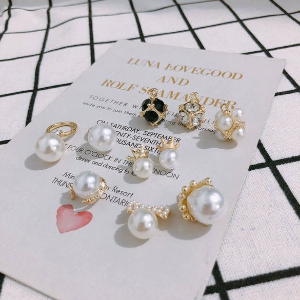 Pearl Rhinestone Metal Electroplated Pendant Crown Bow Earrings Necklace Accessories Handmade