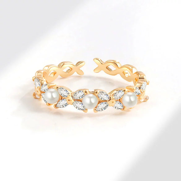 Pearl Ring Copper Geometric Style Electroplated For Women