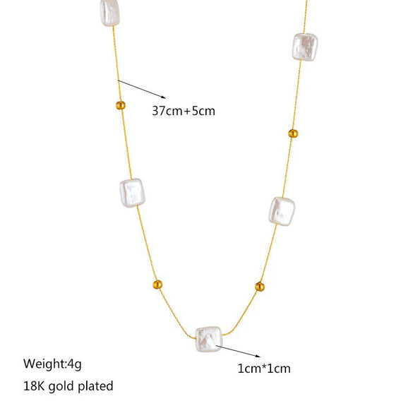 Pearl Round Bead Clavicle Necklace Stainless Steel Electroplating Square Style