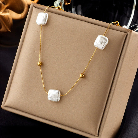Pearl Round Bead Clavicle Necklace Stainless Steel Electroplating Square Style