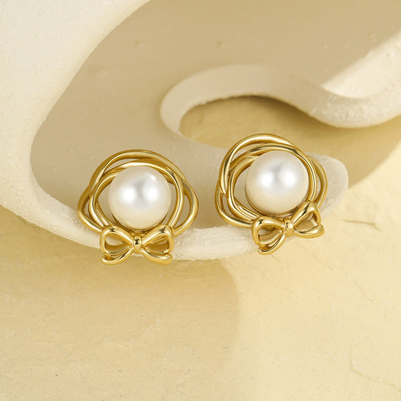 Pearl Series Earrings Stainless Steel 18K Gold Plated Geometric Wave Flower Fashion Design