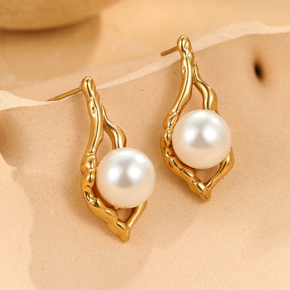 Pearl Series Earrings Stainless Steel 18K Gold Plated Geometric Wave Flower Fashion Design