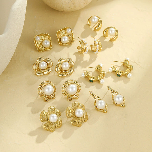 Pearl Series Earrings Stainless Steel 18K Gold Plated Geometric Wave Flower Fashion Design