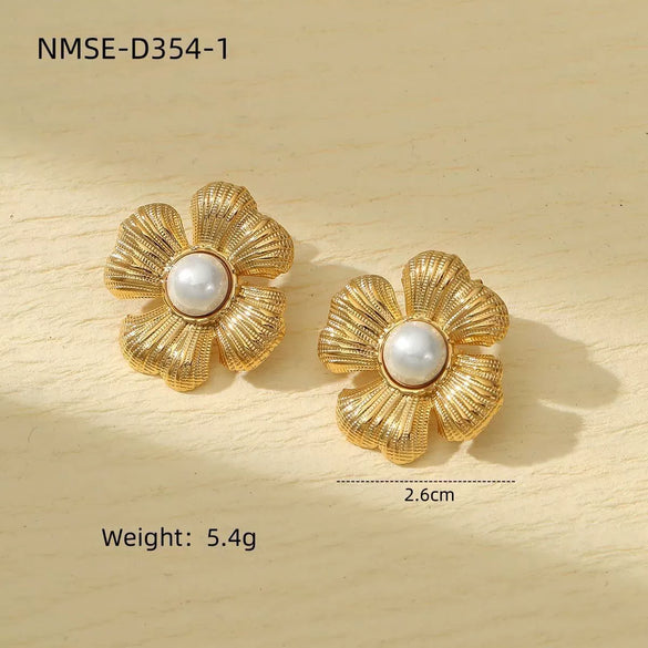 Pearl Series Earrings Stainless Steel 18K Gold Plated Geometric Wave Flower Fashion Design