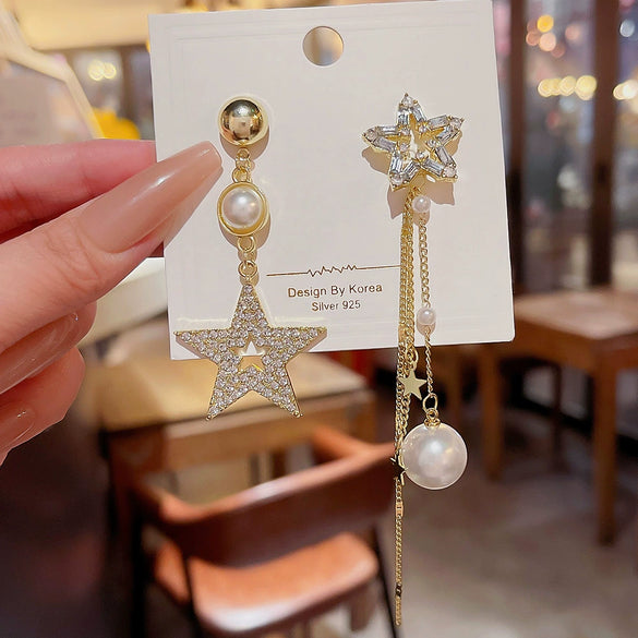 Pearl Set Copper Star Tassel Asymmetric Earrings For Women