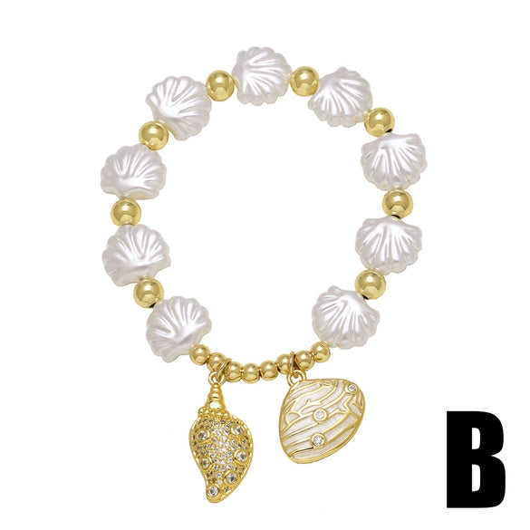 Pearl Shell Conch Starfish Pendant Bracelet Copper Geometric Electroplating Style Unisex