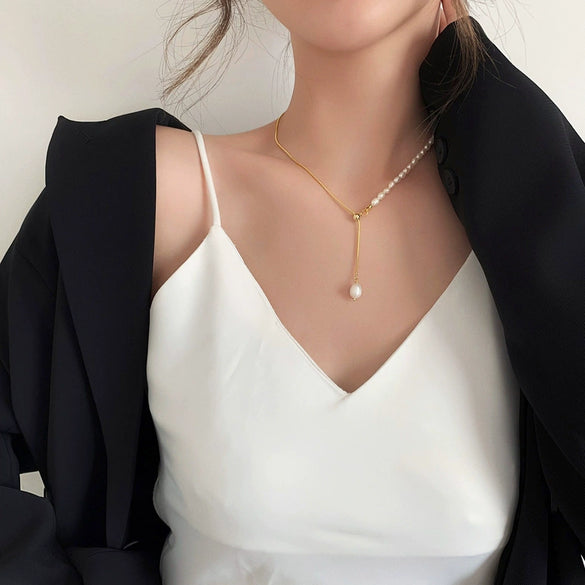 Pearl Snake Bone Chain Necklace Electroplating Geometric Style Women's Fashion Accessories
