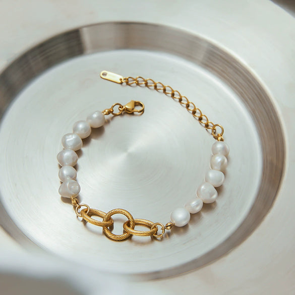 Pearl Stainless Steel Bracelet Geometric Style Electroplating Jewelry For Women