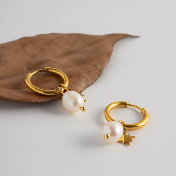 Pearl Stainless Steel Geometric Pendant Hoop Earrings For Women