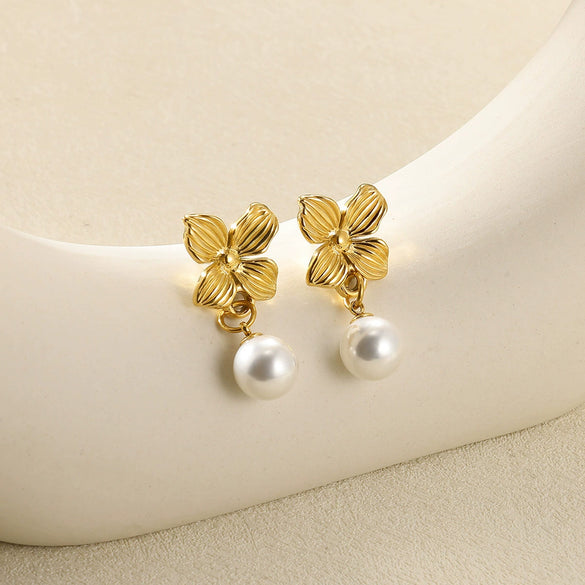 Pearl Stainless Steel Leaf Flower Retro Earrings With Electroplating