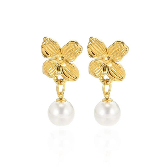 Pearl Stainless Steel Leaf Flower Retro Earrings With Electroplating