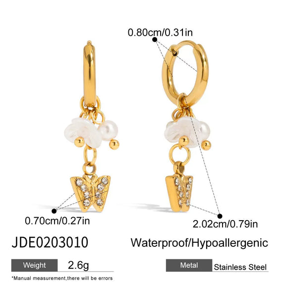 Pearl Stainless Steel Zircon Butterfly Geometric Earrings Electroplated For Women