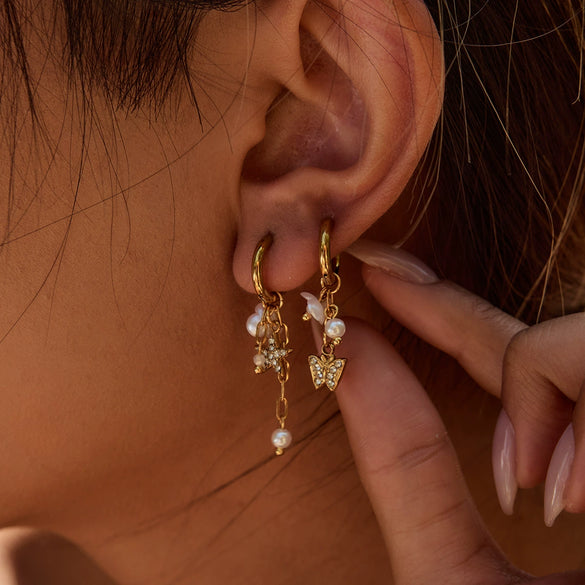 Pearl Stainless Steel Zircon Butterfly Geometric Earrings Electroplated For Women