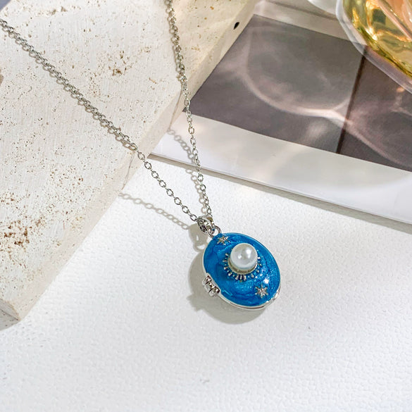 Pearl Star Oval Photo Box Necklace Copper Titanium Steel Real Gold Plated Sweet Style Women's Accessories