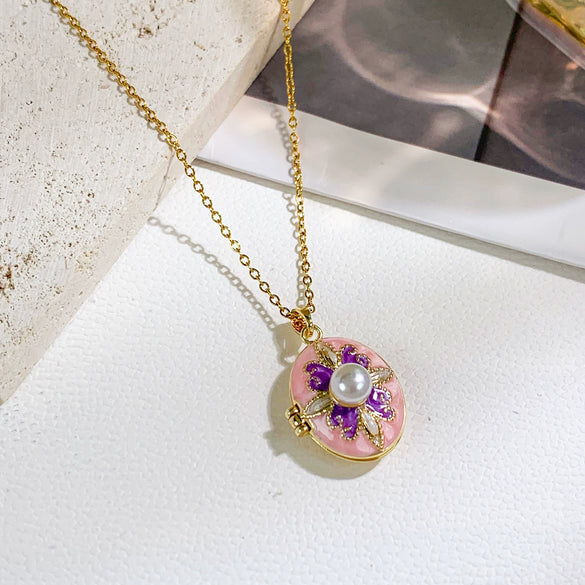 Pearl Star Oval Photo Box Necklace Copper Titanium Steel Real Gold Plated Sweet Style Women's Accessories