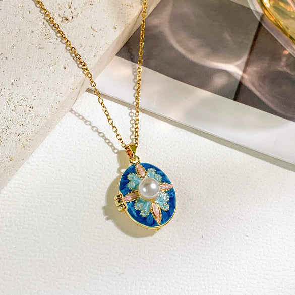 Pearl Star Oval Photo Box Necklace Copper Titanium Steel Real Gold Plated Sweet Style Women's Accessories