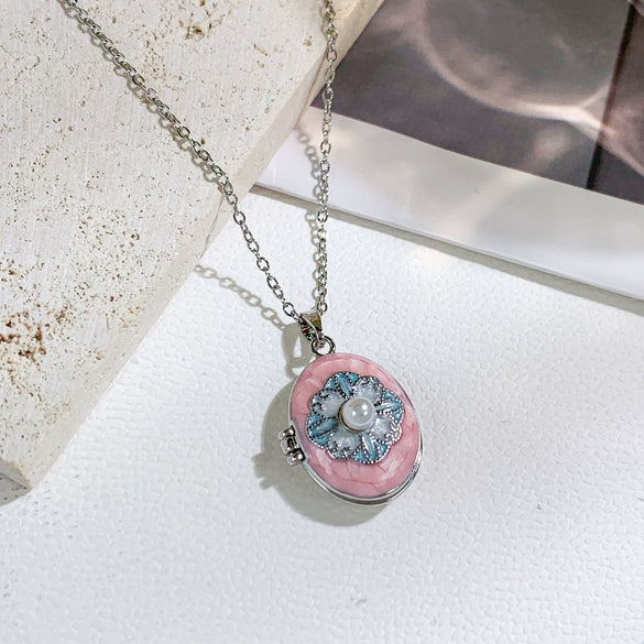 Pearl Star Oval Photo Box Necklace Copper Titanium Steel Real Gold Plated Sweet Style Women's Accessories