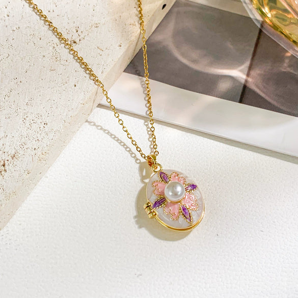 Pearl Star Oval Photo Box Necklace Copper Titanium Steel Real Gold Plated Sweet Style Women's Accessories