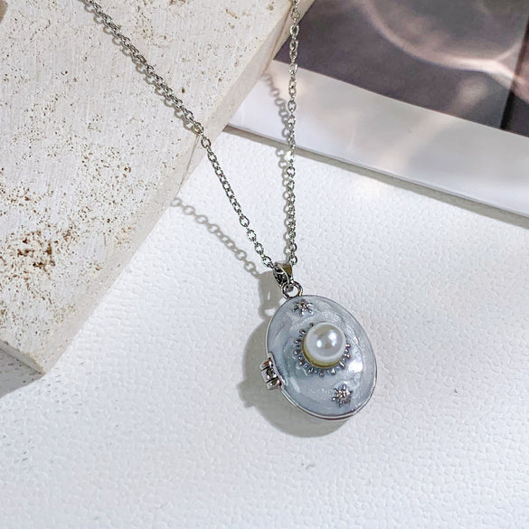 Pearl Star Oval Photo Box Necklace Copper Titanium Steel Real Gold Plated Sweet Style Women's Accessories