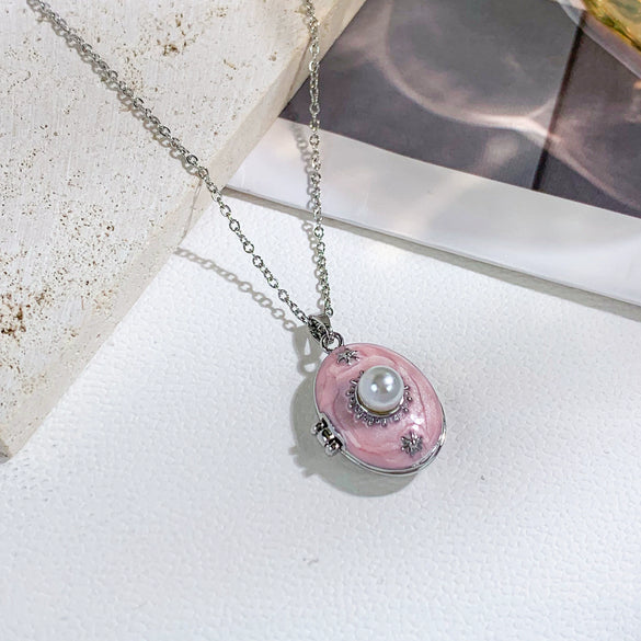 Pearl Star Oval Photo Box Necklace Copper Titanium Steel Real Gold Plated Sweet Style Women's Accessories