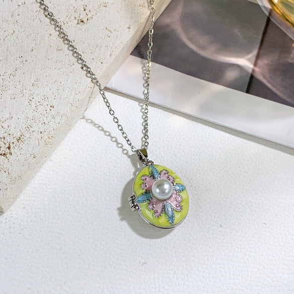 Pearl Star Oval Photo Box Necklace Copper Titanium Steel Real Gold Plated Sweet Style Women's Accessories