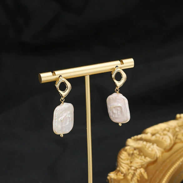 Pearl Stud Earrings Geometric Light Luxury Baroque Electroplating Jewelry