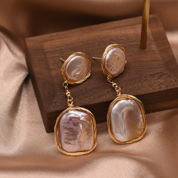 Pearl Stud Earrings Geometric Light Luxury Baroque Electroplating Jewelry